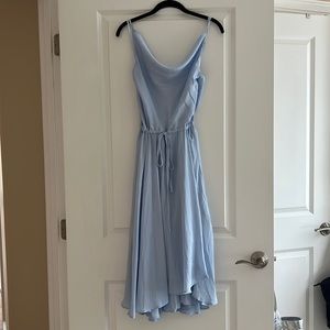 Soft Blue Satin Midi dress with asymmetrical cowl neckline from Hello Molly!